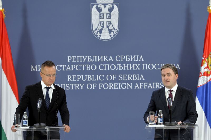 Peter Szijjarto, left, and Nikola Selakovic at today's press conference