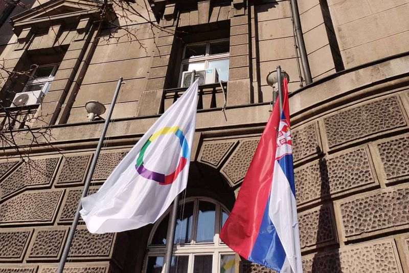 Flag of Francophonie displayed in front of Ministry of Foreign Affairs