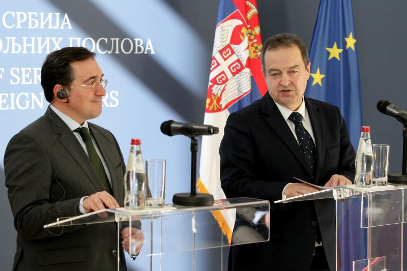 Jose Manuel Albares, left, and Ivica Dacic at today's press conference